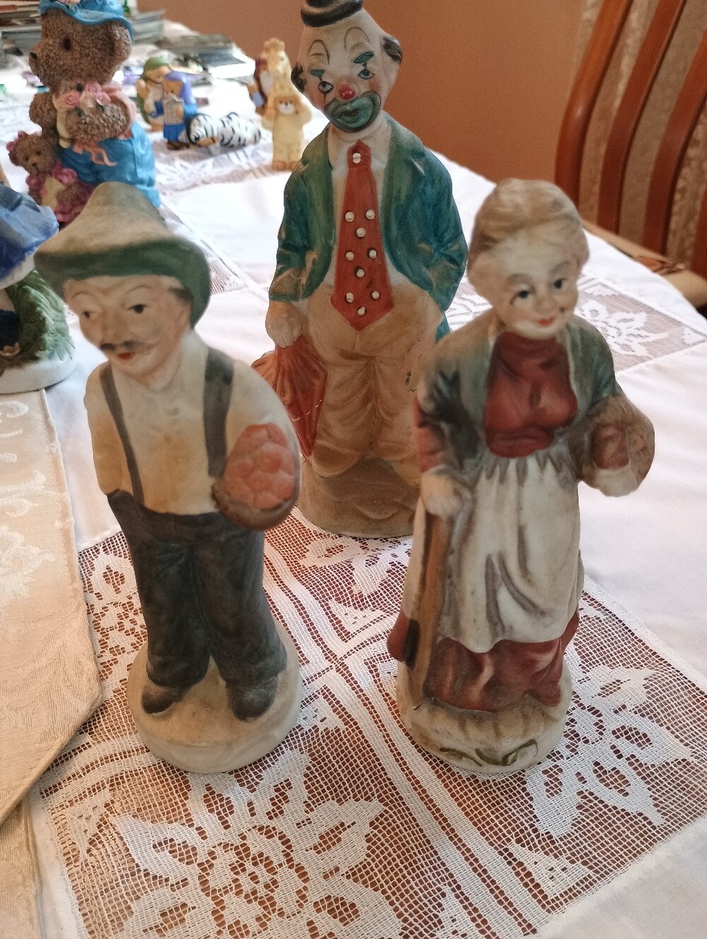 Vintage Figurines Trio in Green, Red and Cream - Deville Clown Old Man & Woman